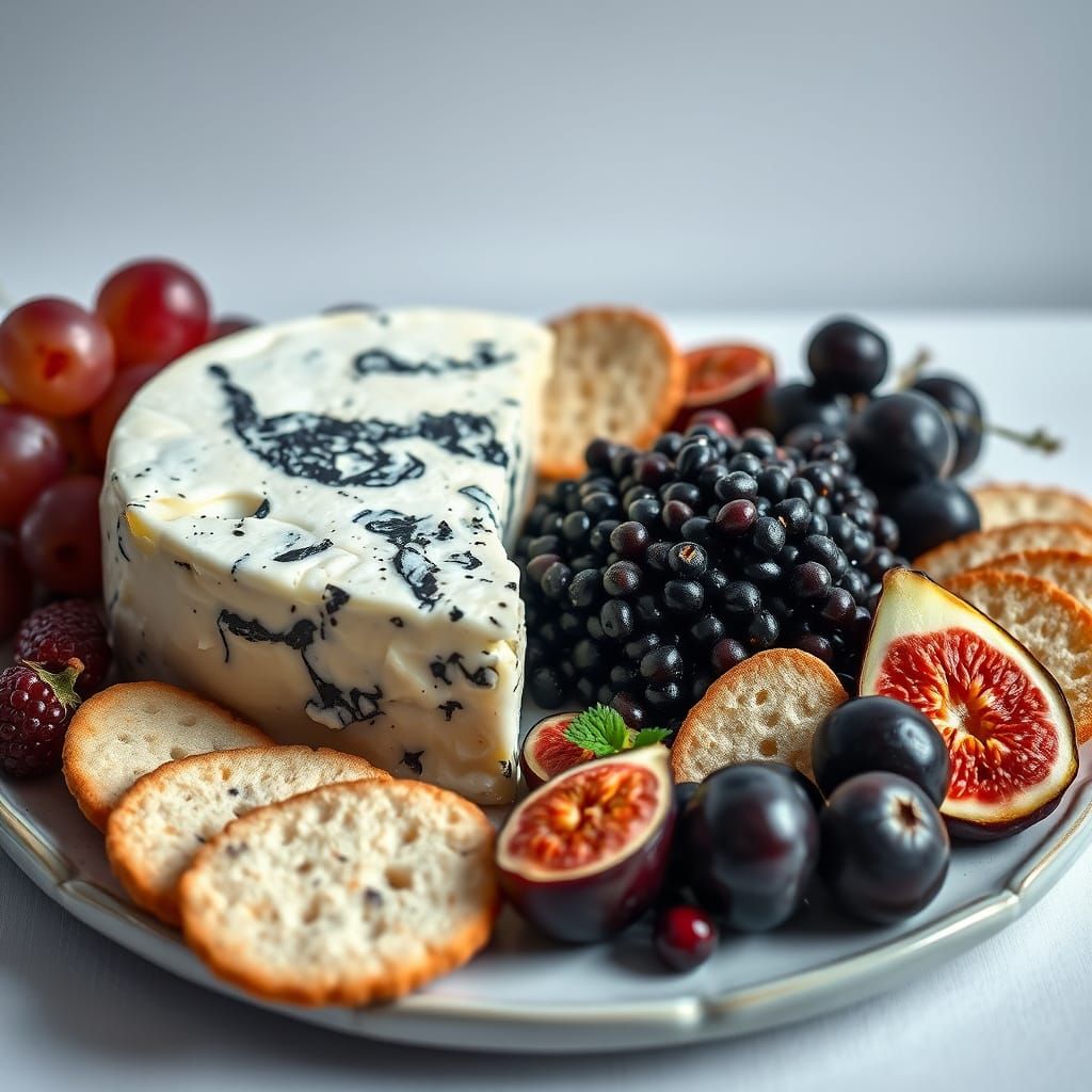 Luxurious Blue Cheese and Caviar Still Life with Fresh Fruit...