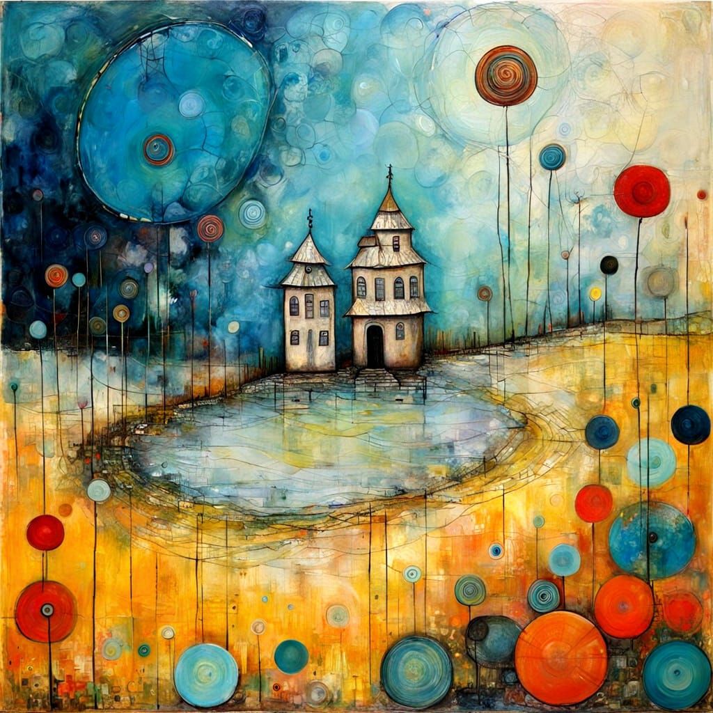 Mystic Portal Encaustic Painting with Textured, Naive Style