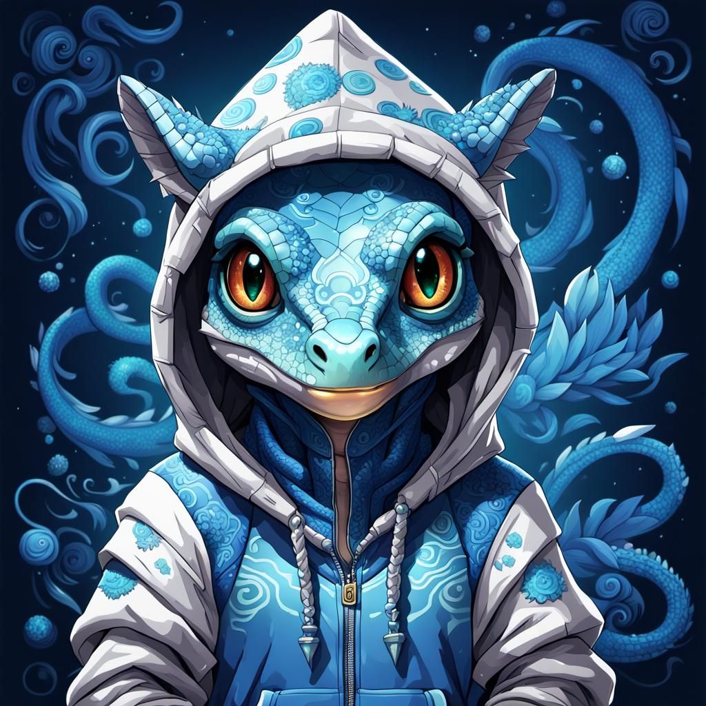 Anime Lizard Girl in Hoodie with Glitch Pattern