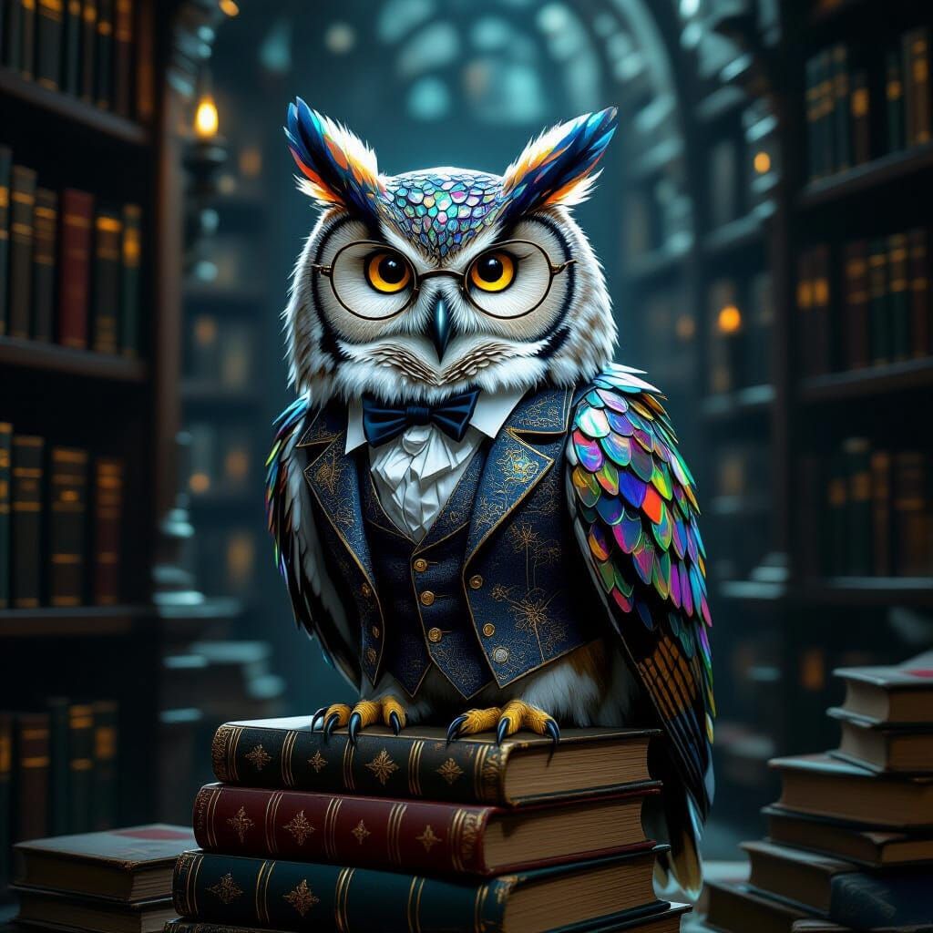 Wise Owl in Glass Waistcoat on Books, Surreal Library