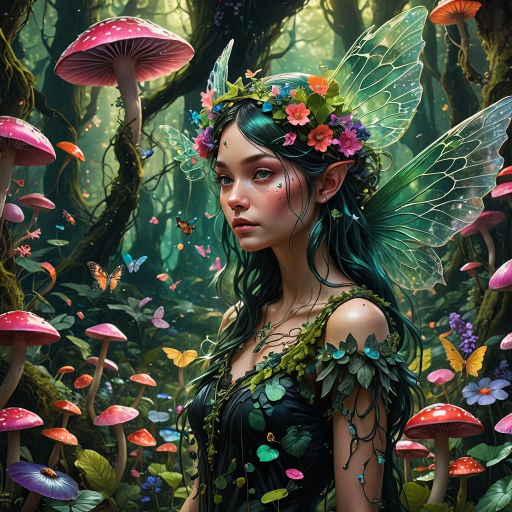 Enchanted Forest Fairy with Psychedelic Wings