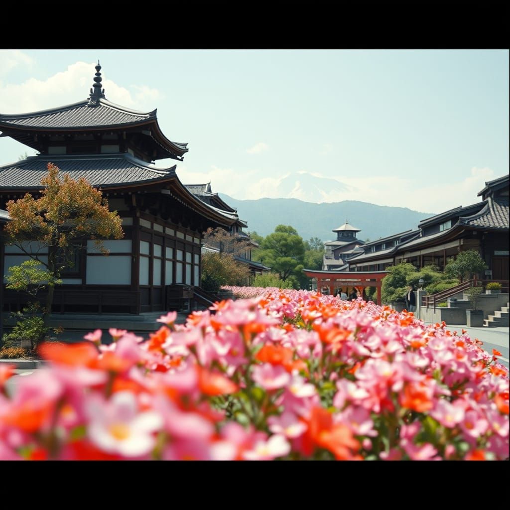 Kyoto Landscape with Flowers in Cinematic Style