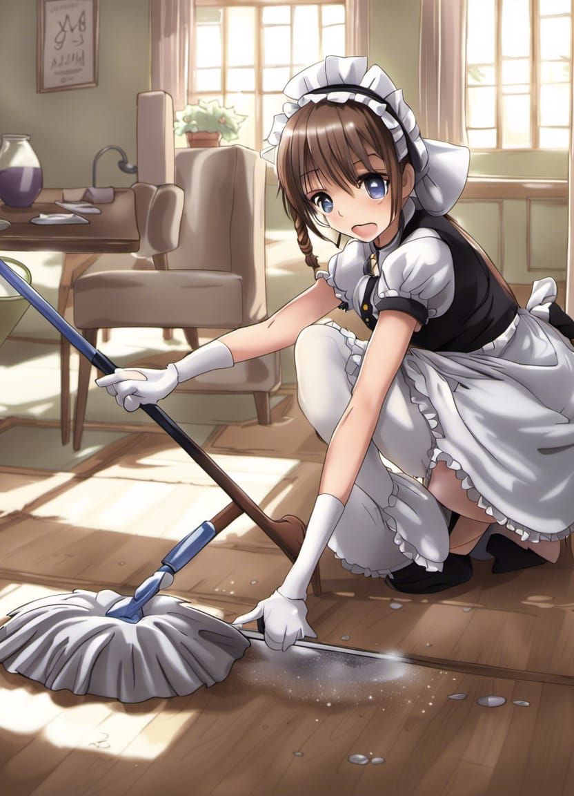Anime Maid Cleaning Floor in Manga Style
