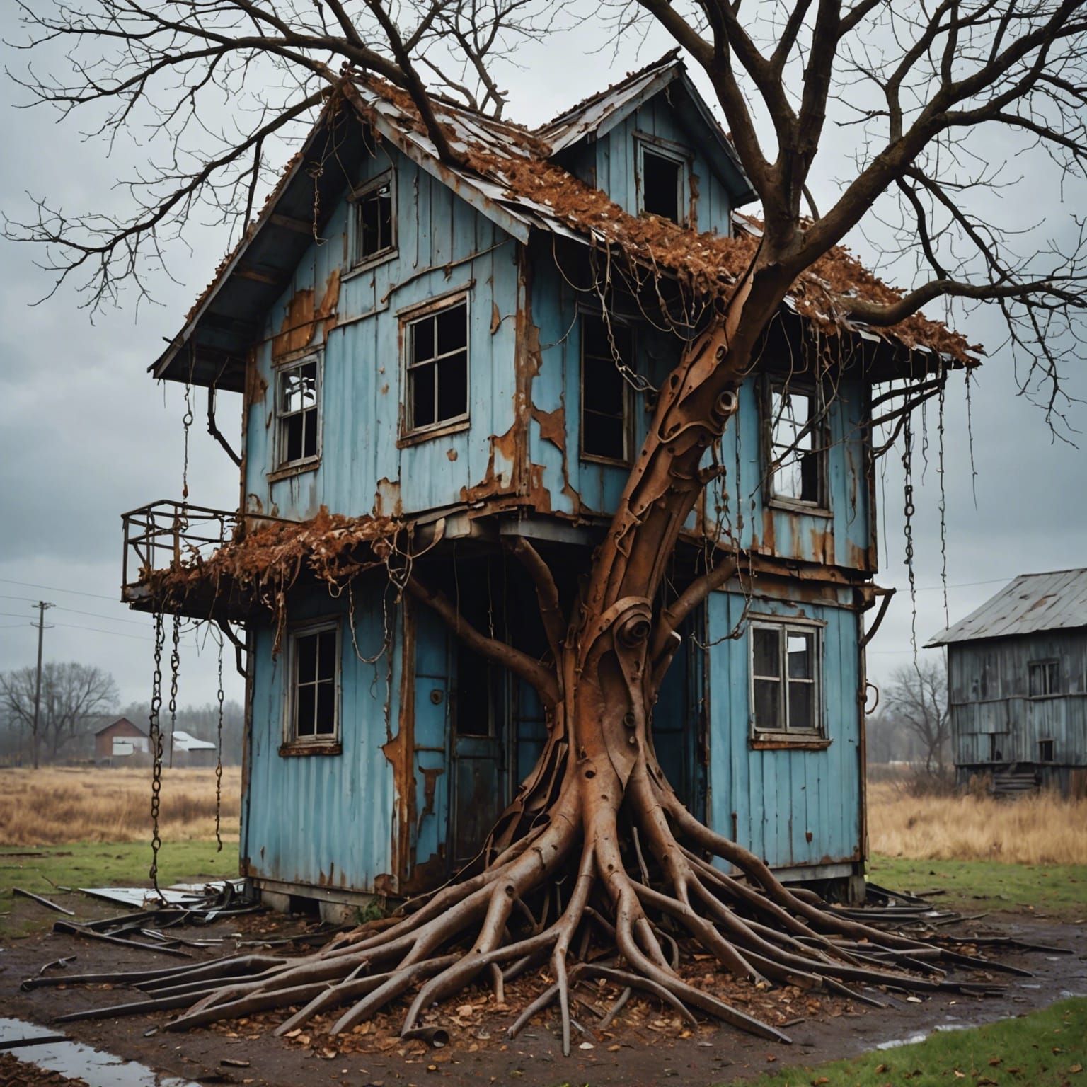 Post-Apocalyptic Iron Tree with House: Hyperrealistic Art