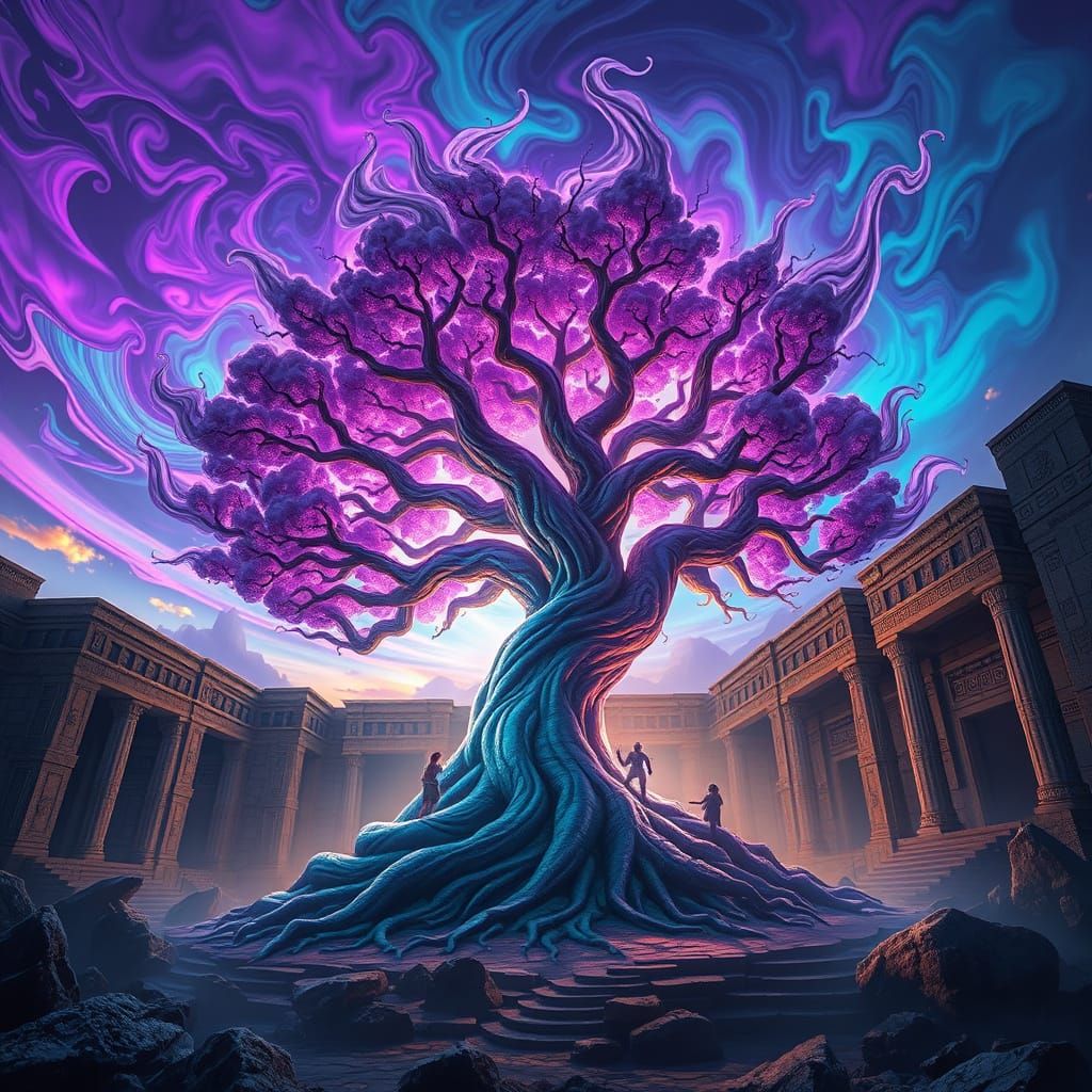 Majestic Tree Emerges from Earth in a Swirling Cloudscape