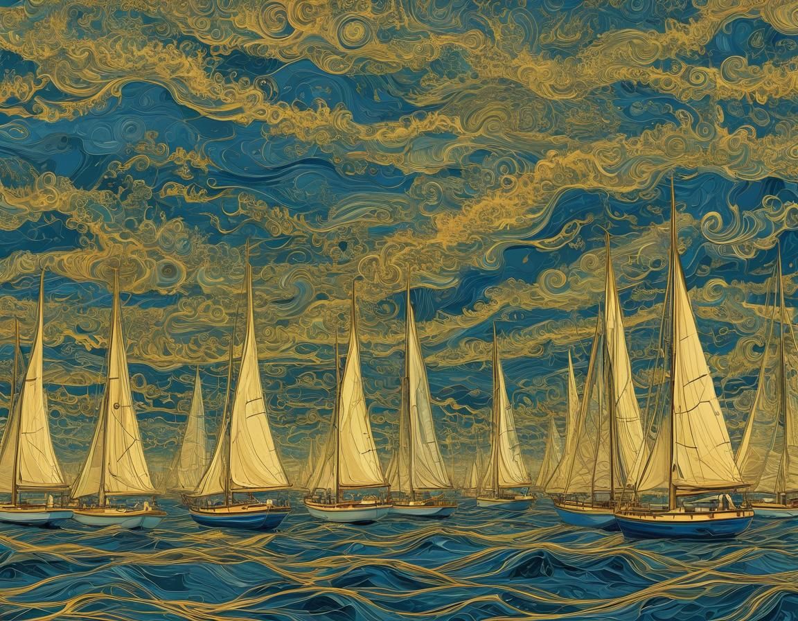 Golden Sky Over Marina Sailboats in Van Gogh Style