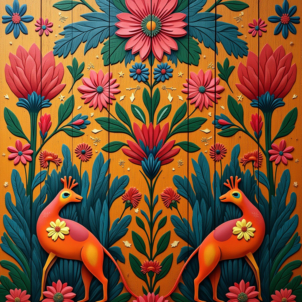 Folk Art with Animals and Floral Motifs