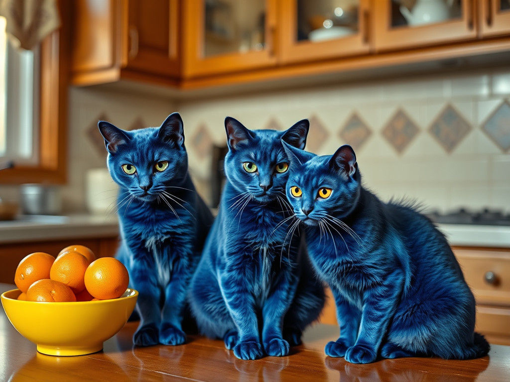 Blue Cats in Kitchen, Skoglund Photography Style