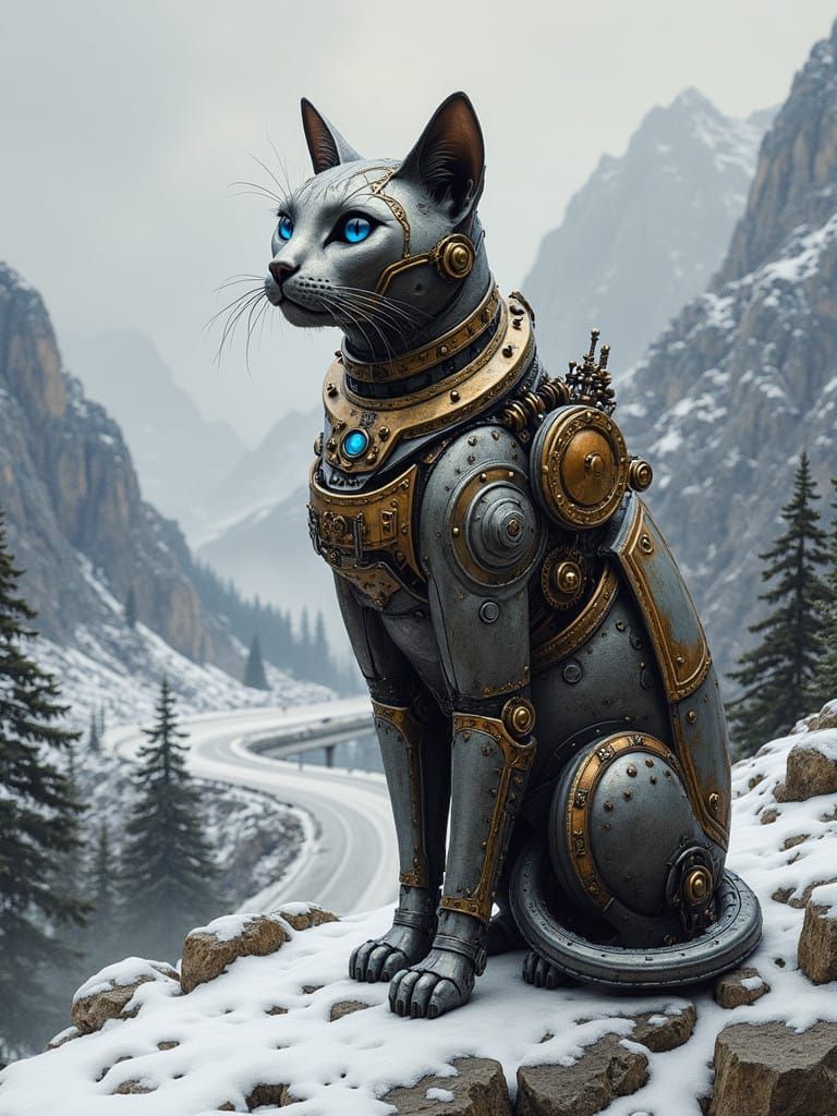 Steampunk Iron Cat Stands Proud in Snowy Mountains