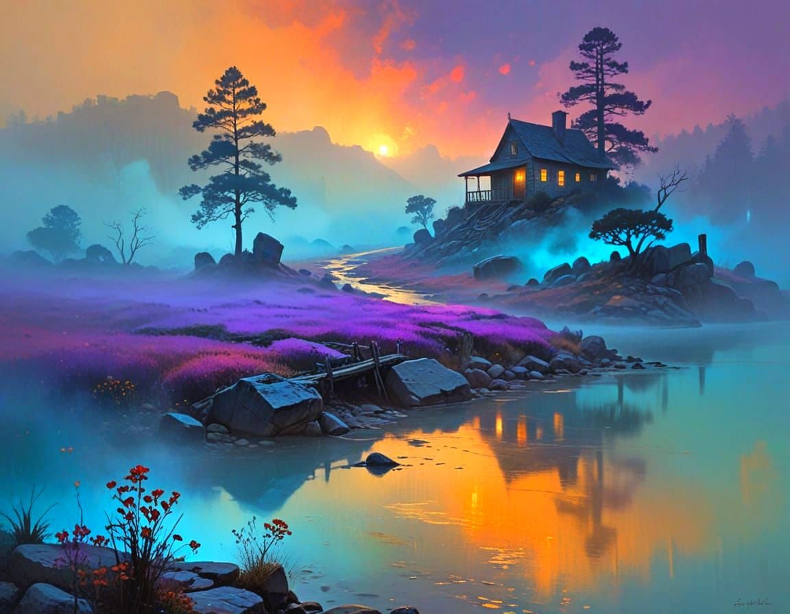 Misty Morning in a Vintage Cottage Landscape