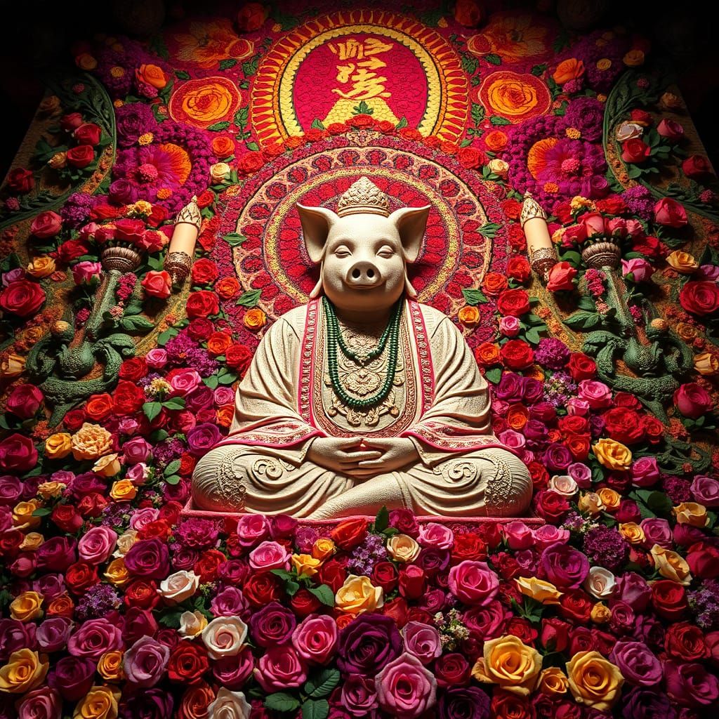 Rose Buddha Pig in Art Nouveau Style