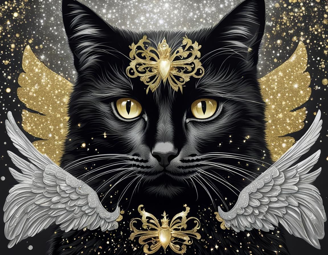 Black cat with silver angel wings, silver and gold glitter b...