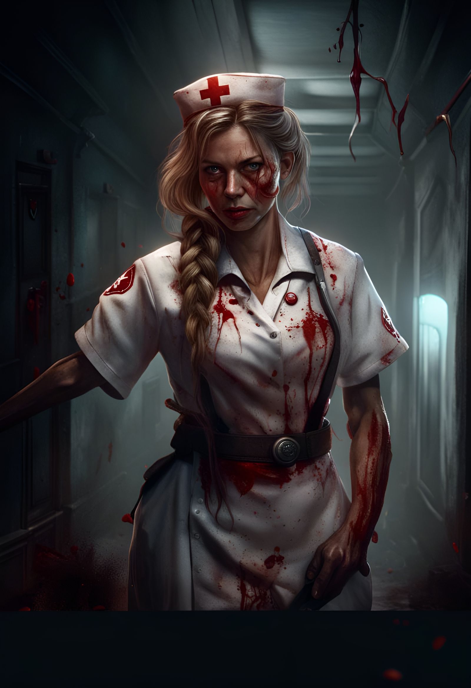 Nurse with Machete in Bloody Hallway: Fantasy Art