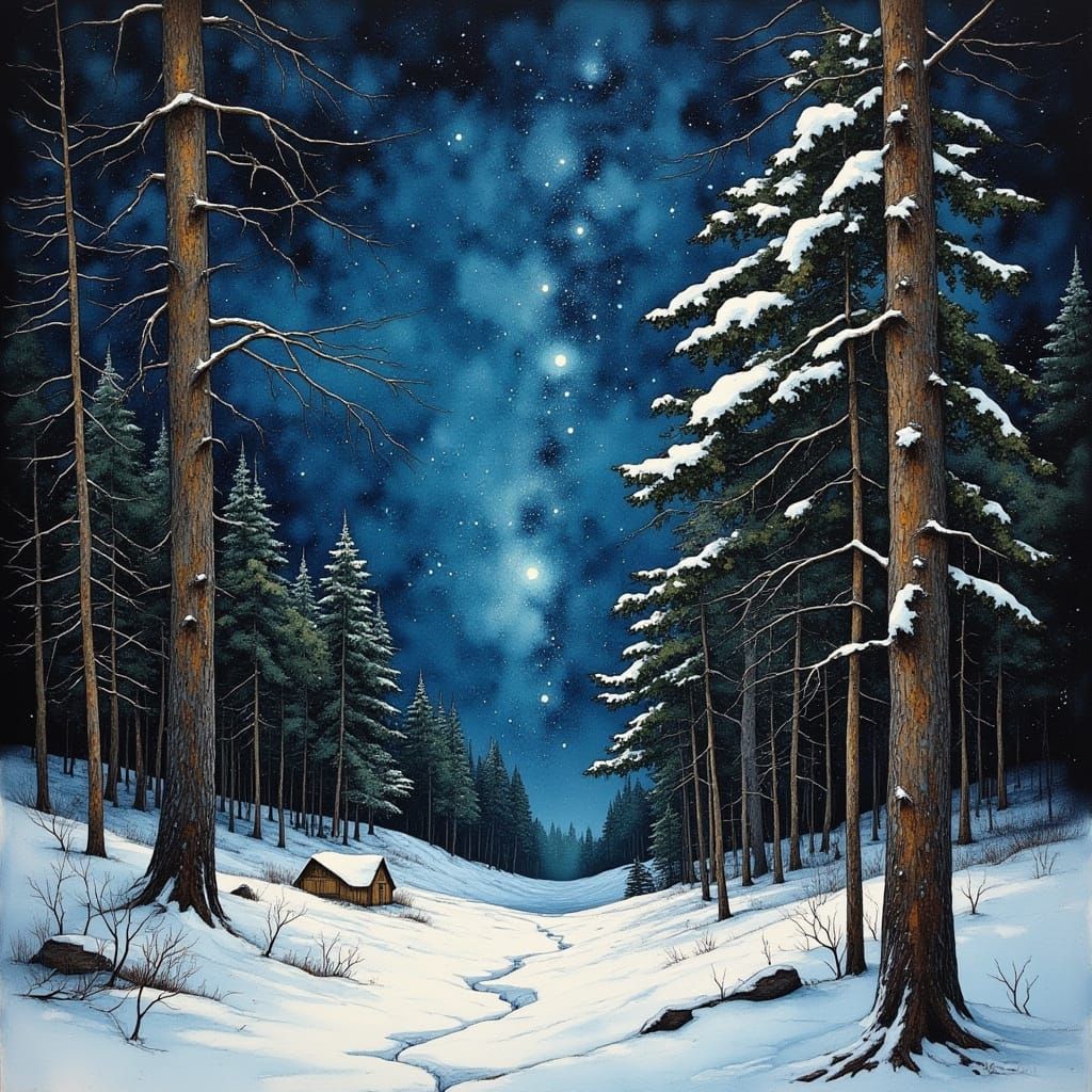 Ethereal Starry Night Scene in Neurographic Oil Painting Sty...