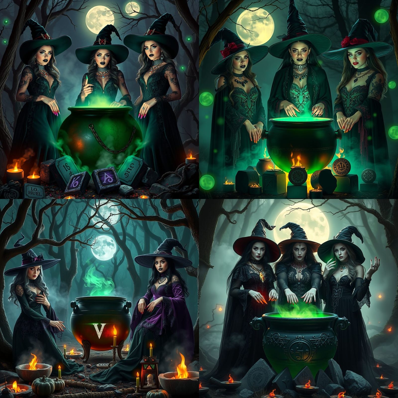 Enchanted Witches Brewing Poison Under the Moon