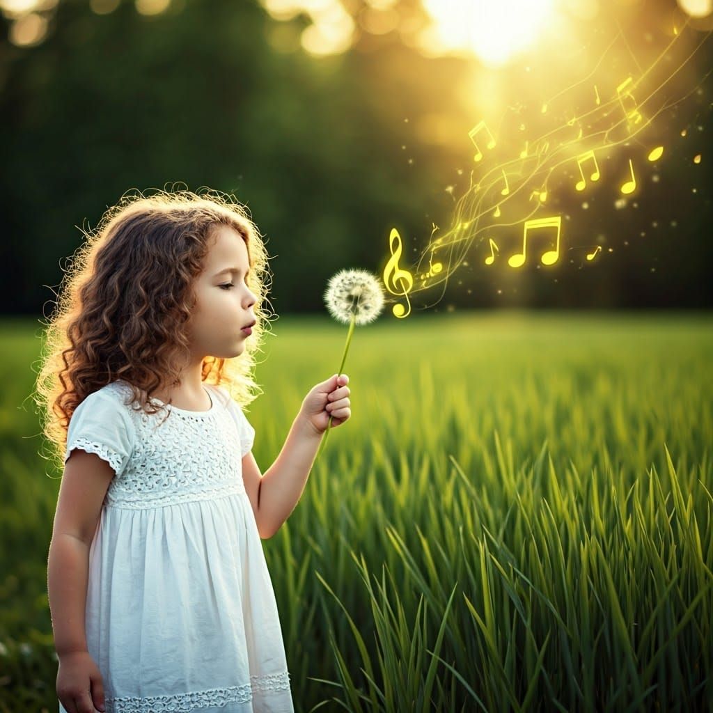 Girl in Meadow Blowing Dandelion Clock