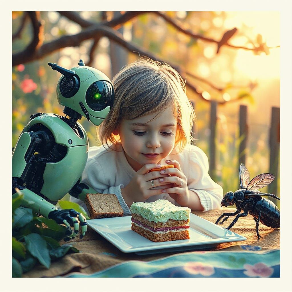 Child's Futuristic Picnic With Robotic Wildlife