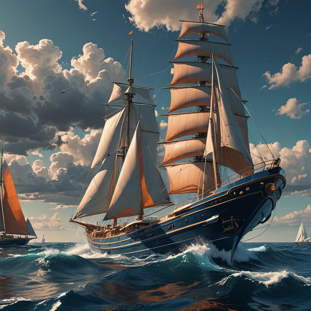 Yacht on Dark Blue Sea with Seagulls, Art Nouveau Style