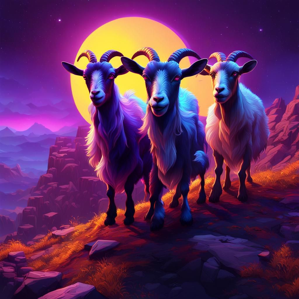 Goats in Sunglasses Under Neon Moon, Dark Fantasy