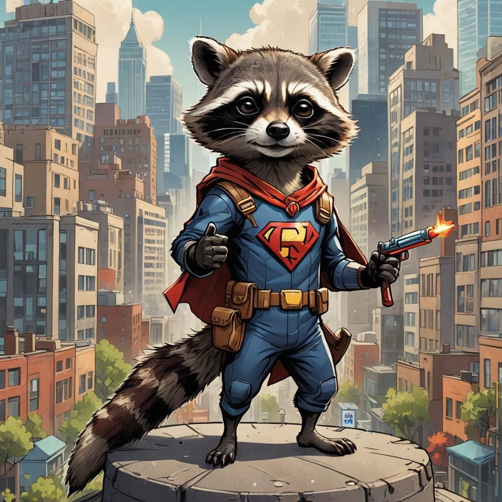 Superhero Raccoon in Cityscape Digital Painting