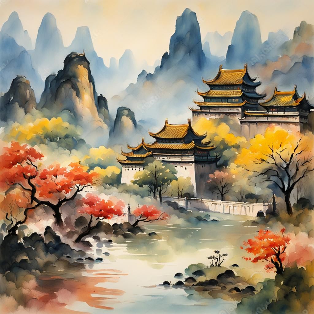 Gouache Style Chinese Landscape Painting