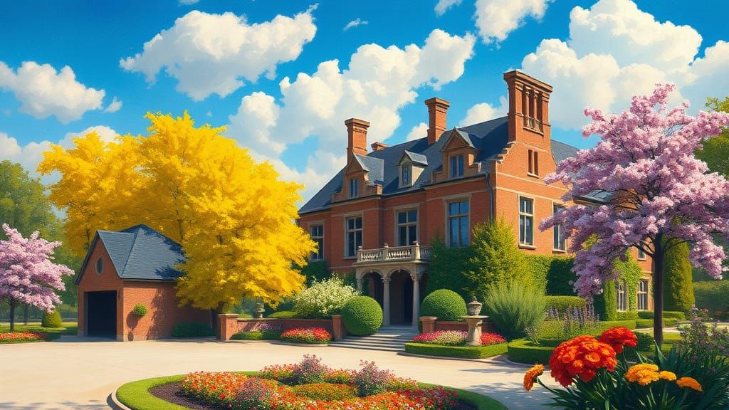 Grand Chateau Amidst Vibrant Autumn Trees and Flowers