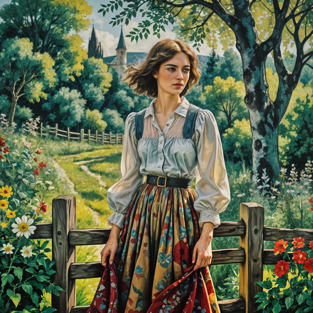 Girl Seeks Serenity by Ancient Fence on Sunny Day