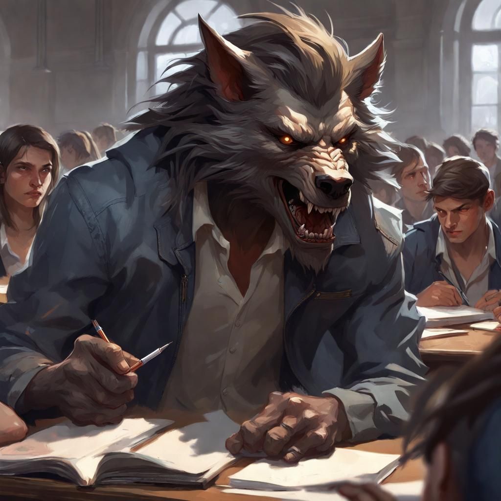 Teenage Werewolf in Classroom: Hyperrealistic Concept Art