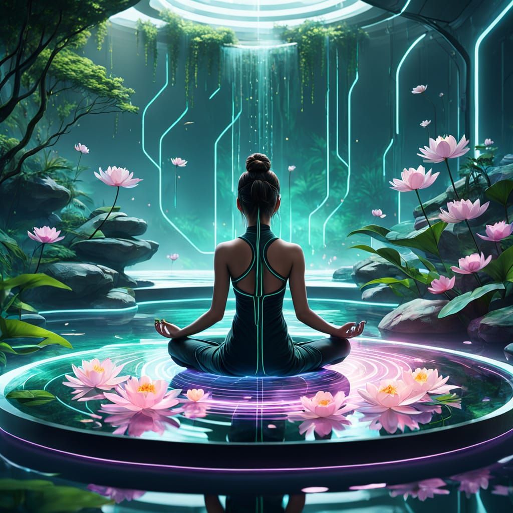 Futuristic Spa: Sci-Fi Meditation in a Tranquil Water Garden
