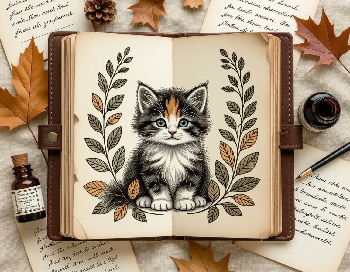 Calico Kitten Charcoal Drawing in Botanical Sketchbook