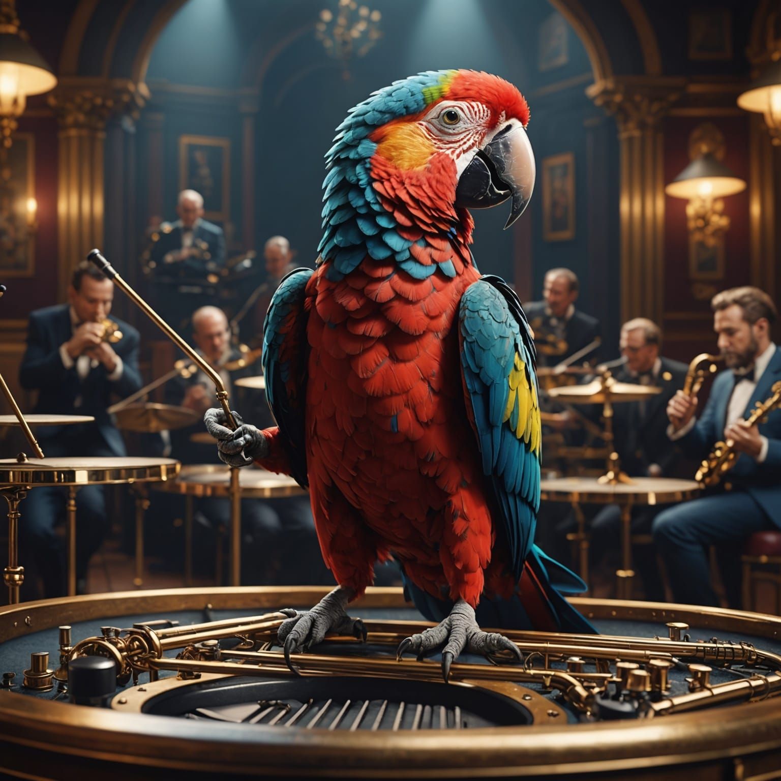 Parrot Plays Jazz in Detailed Fantasy Art