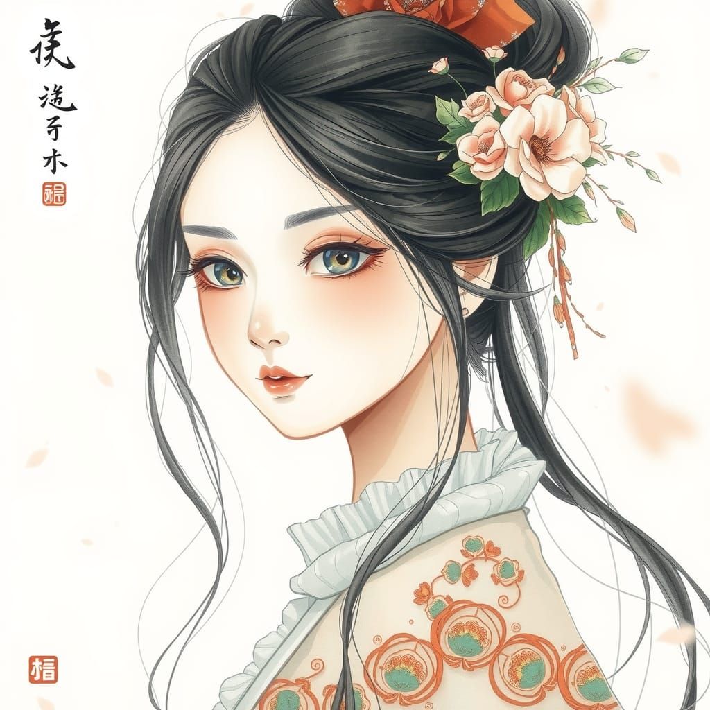 Serene Beauty: Chinese Ink Painting Portrait