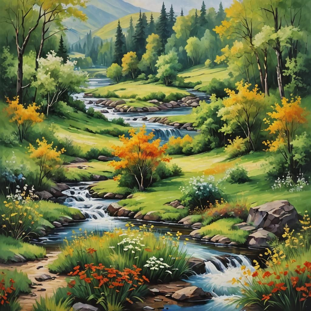 Lush River Landscape as Oil Painting