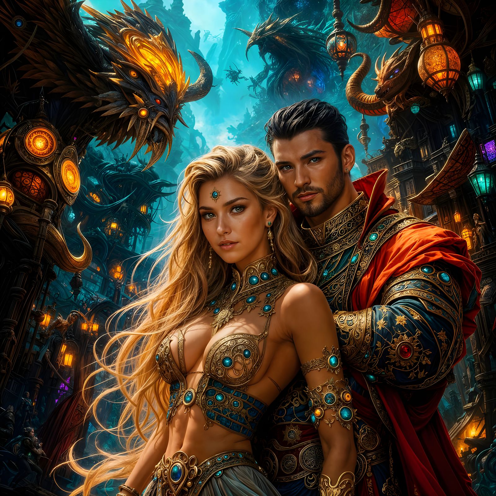 Dark Fantasy Marketplace with Exotic Creatures and Tech