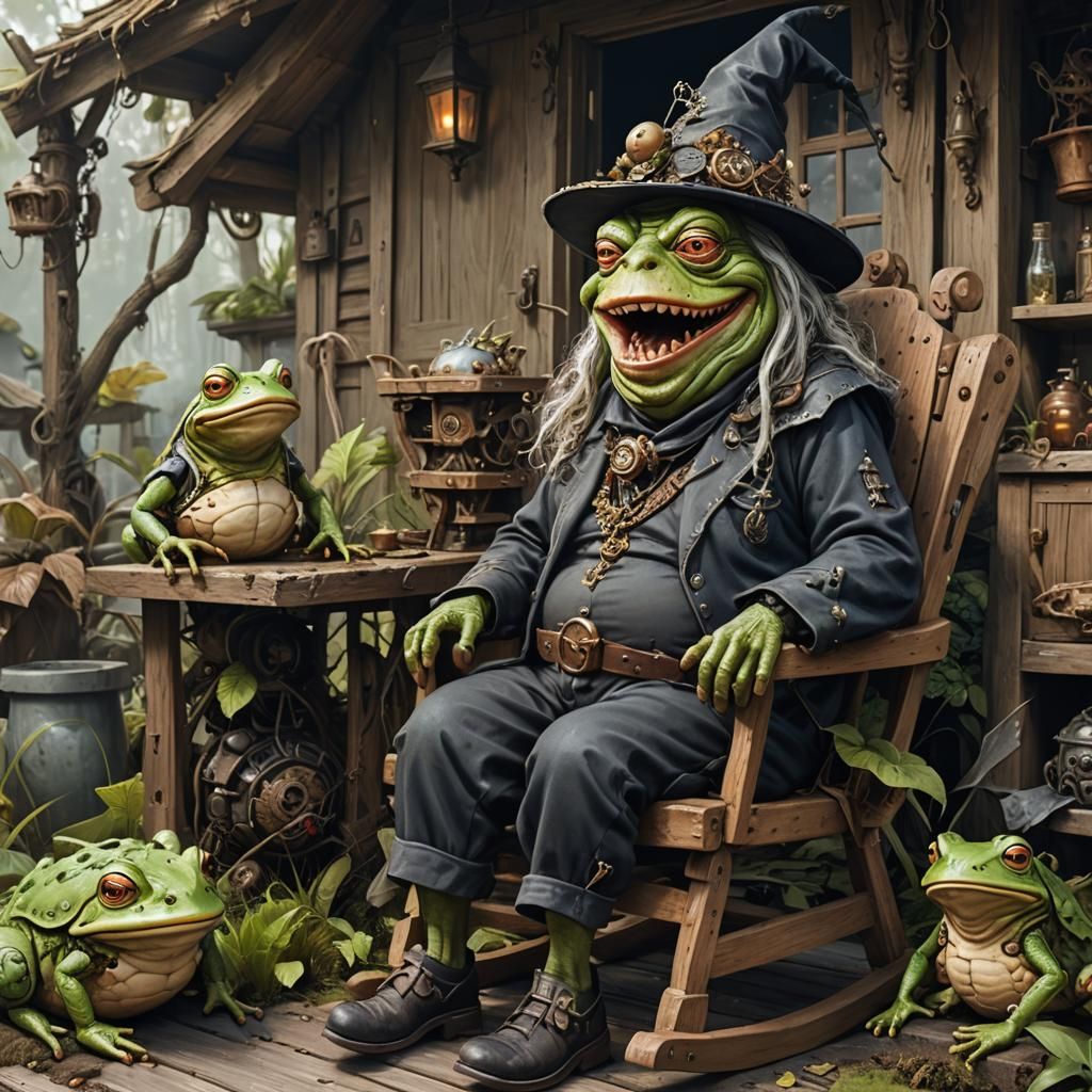 Cyborg Toad and Laughing Witch in Fantasy Swamp