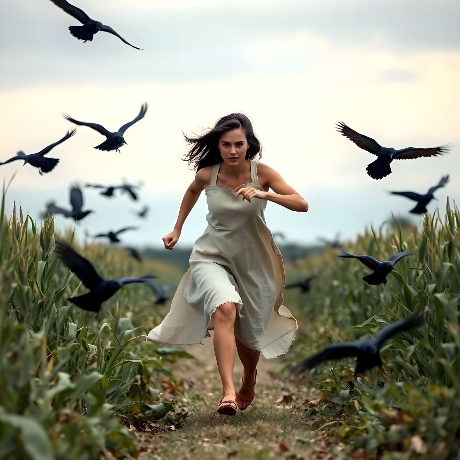 Woman Running from Crows in a Cornfield