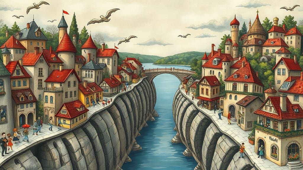 Whimsical Villages Connected by a Vibrant Bridge in a Fantas...