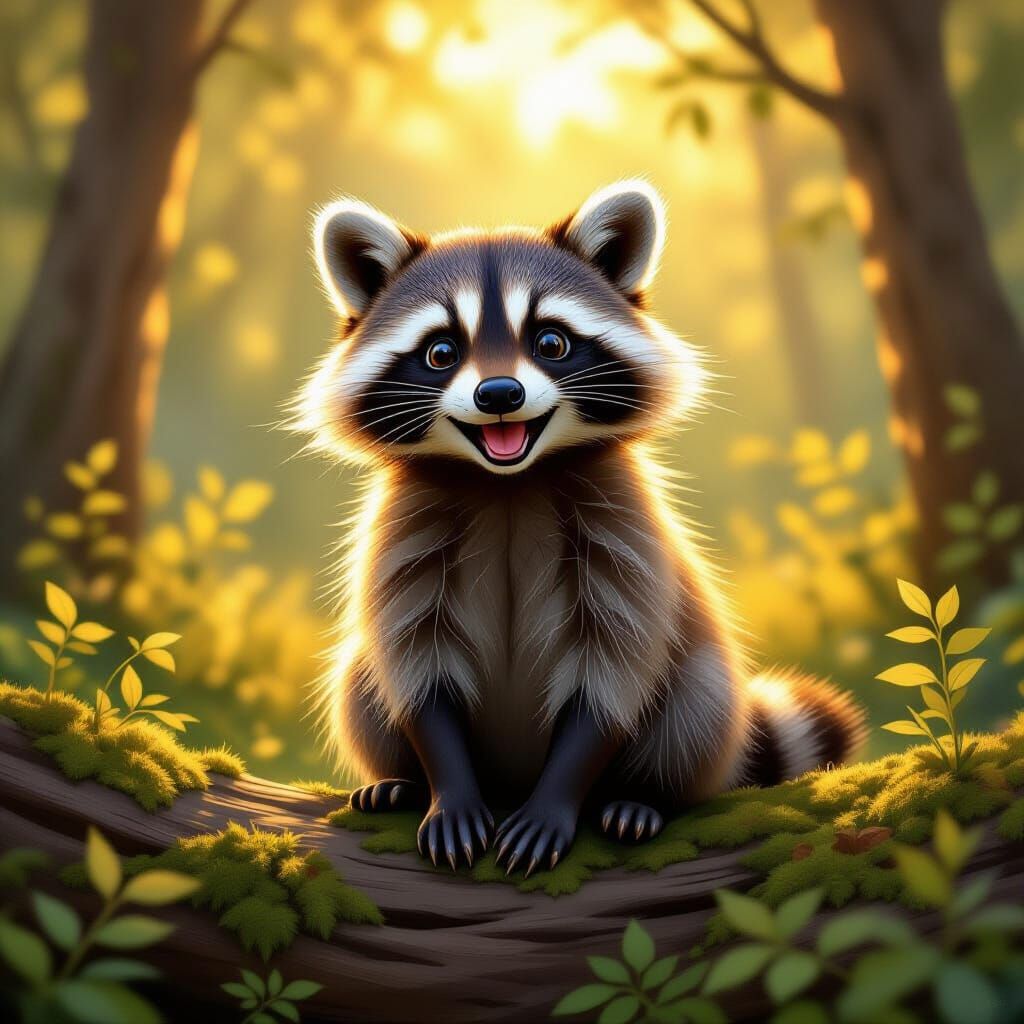 Joyful Raccoon in Sunlit Forest Clearing