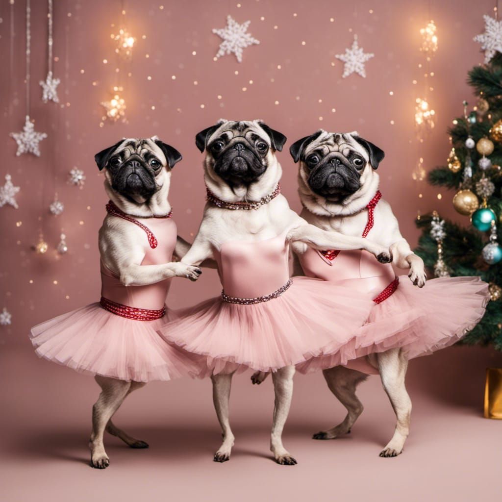 Ballerina Pugs Dancing on Christmas Stage