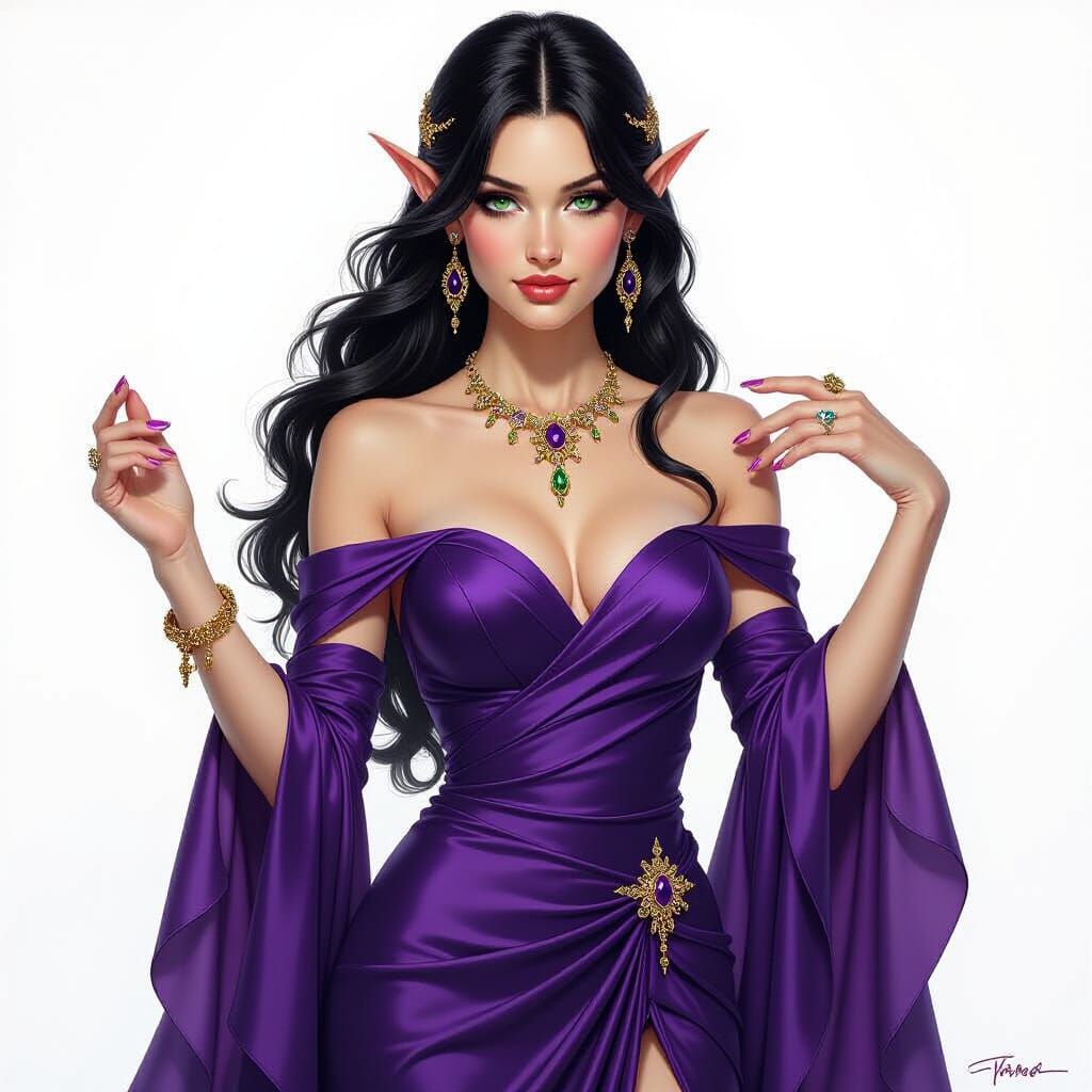 Elegant Elf in Purple Gown, Oil Painting Style