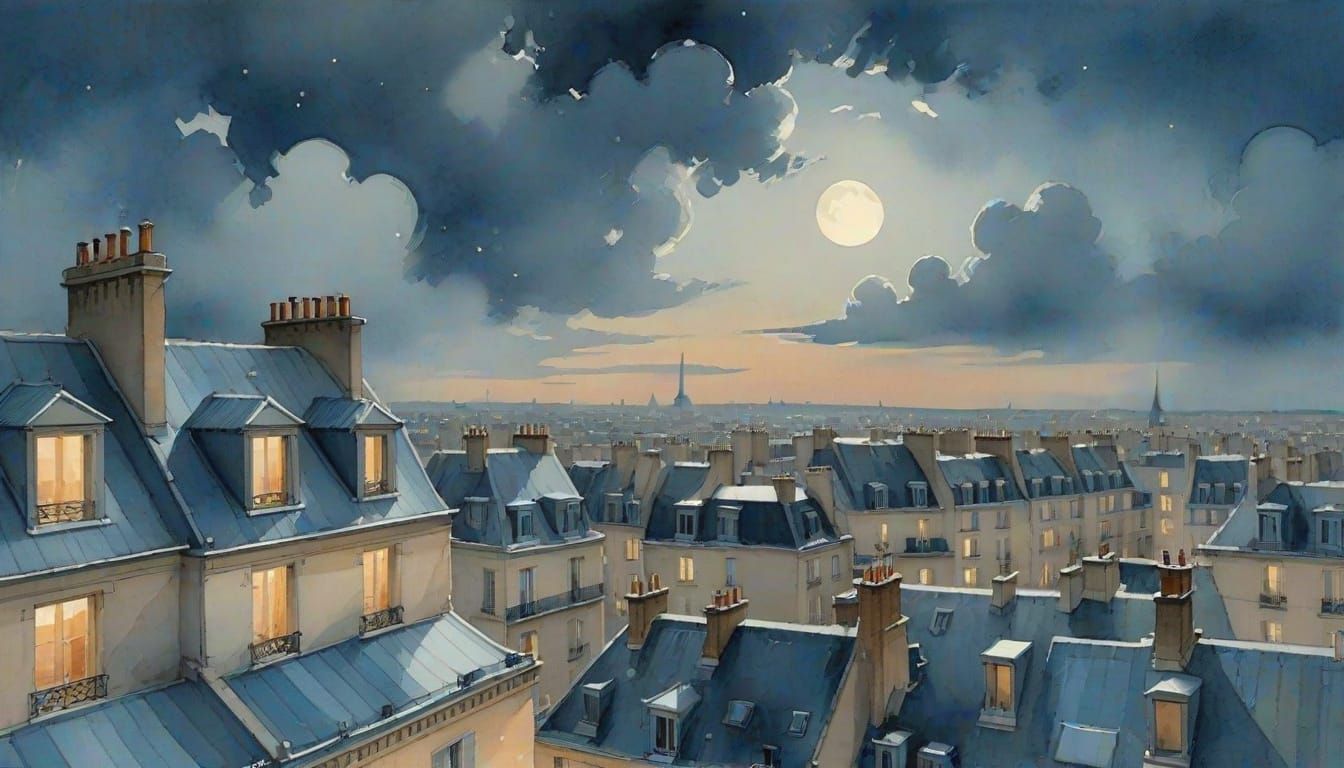 Whimsical Parisian Cat Under Moonlit Rooftops