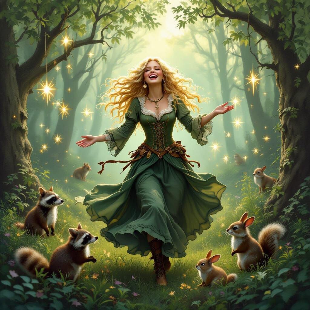 Enchanted Celtic Witch Dance in Forest, Kinkade Style