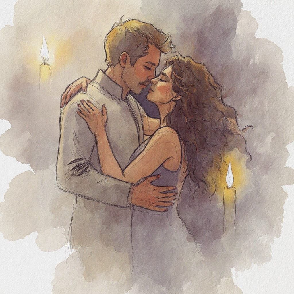 Romantic Kiss by Candlelight in Watercolour Style