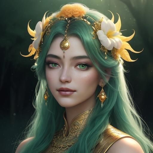 Ethereal Gold Woman with Peacock Feathers in Dreamy Style