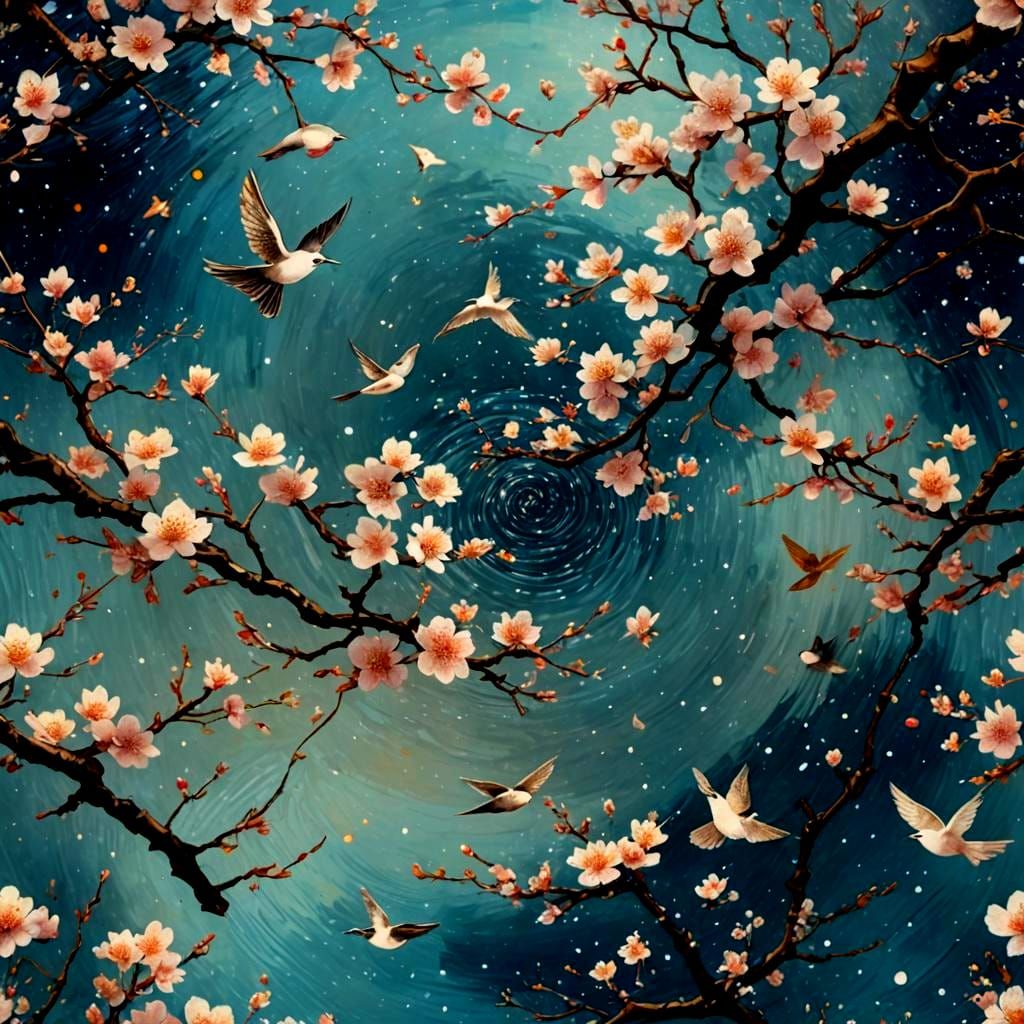 Chinese Cherry Blossom Garden in Post-Impressionist Style