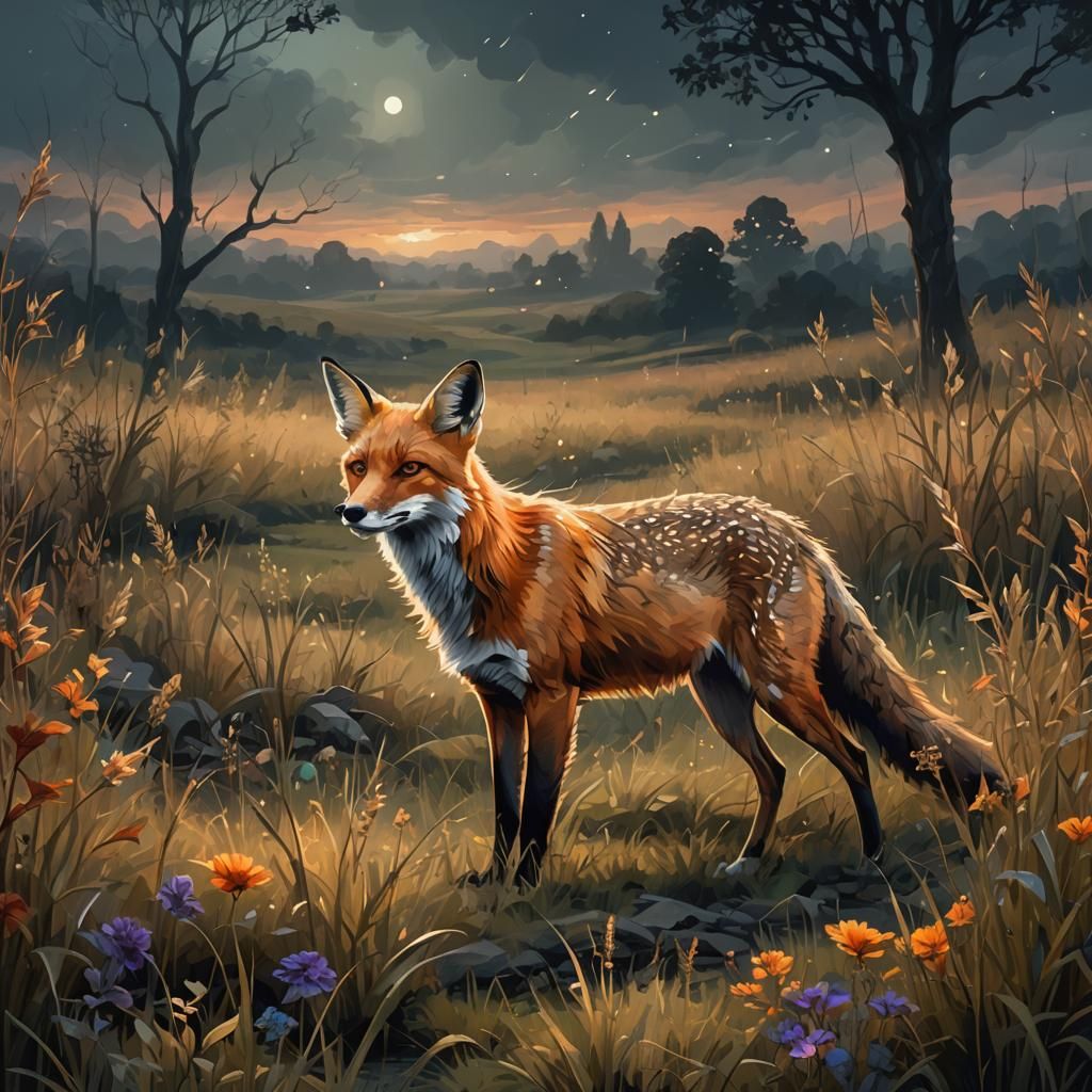 Fox in Field at Dusk: Botanical Matte Painting