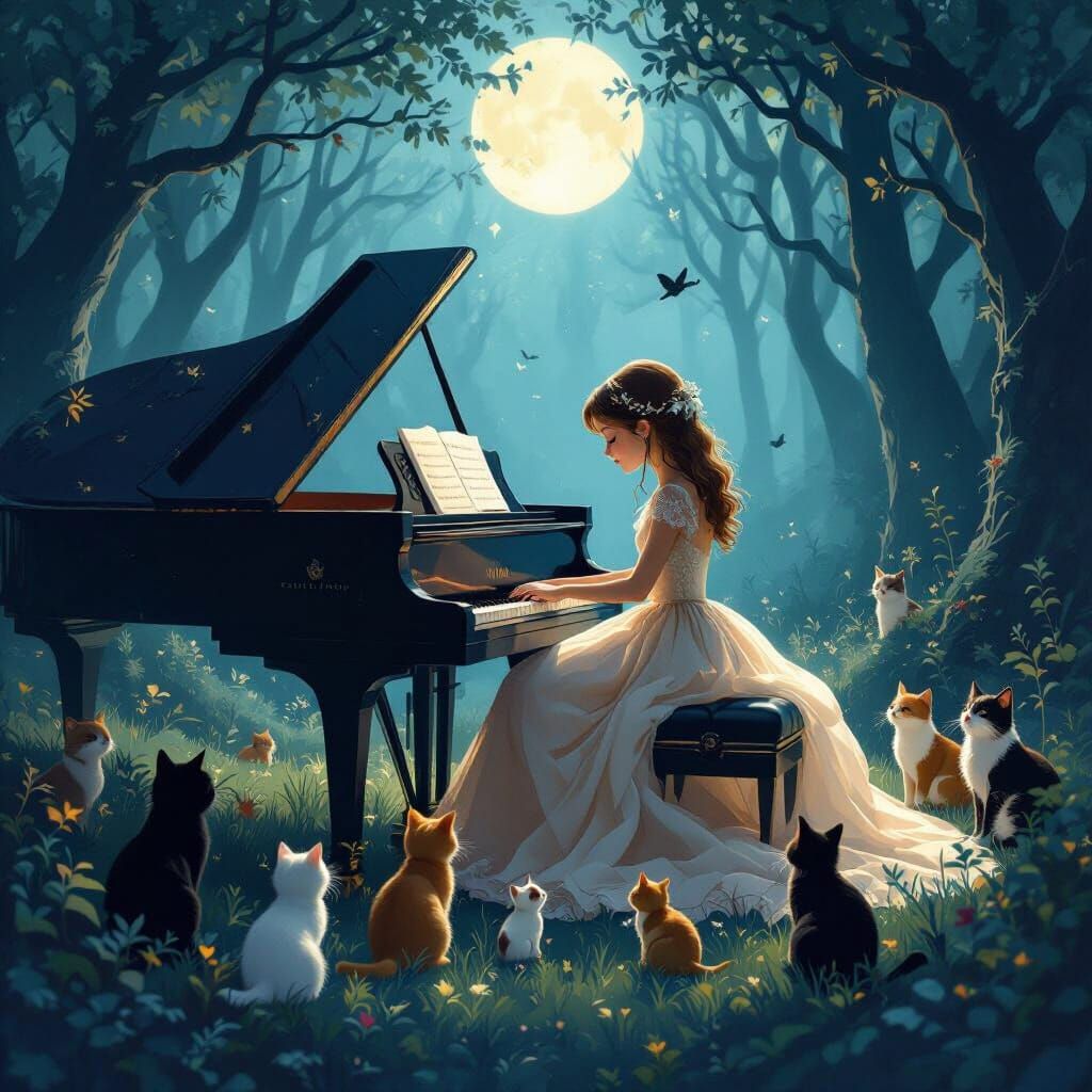 Moonlit Forest Piano Concert with Animals