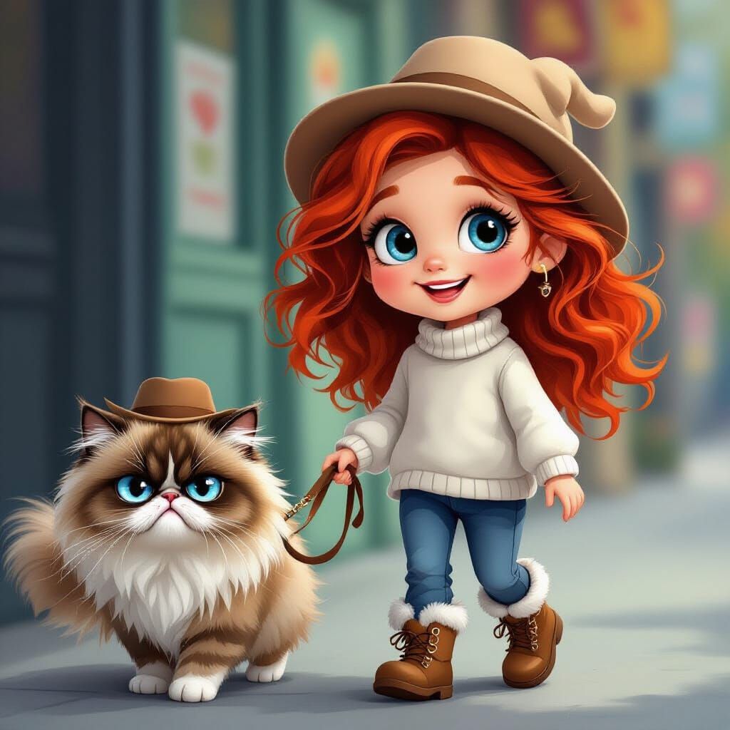 Whimsical Girl Walks Grumpy Cat in Matching Hats