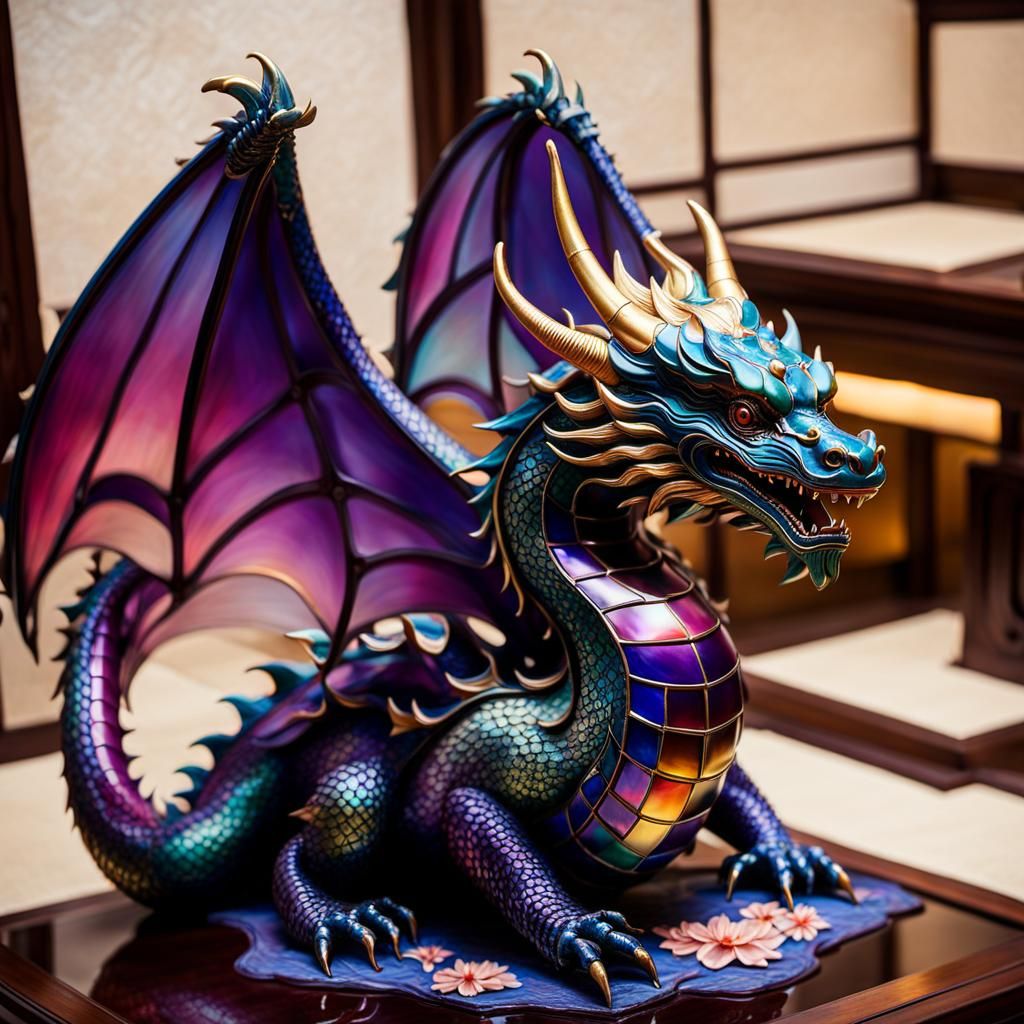 Enamelled Glass Dragon Statue in Oil Painting Style