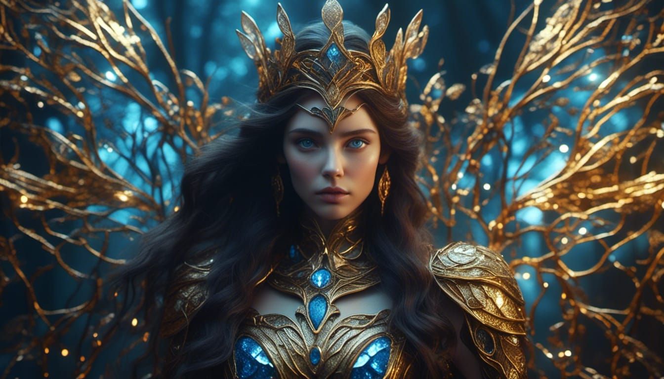 Fierce Dark Elf Warrior Princess in Golden Armor